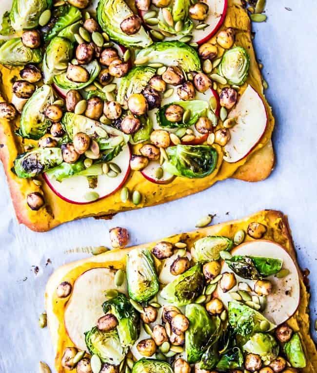 curried butternut squash, brussels sprouts, apple flatbreads