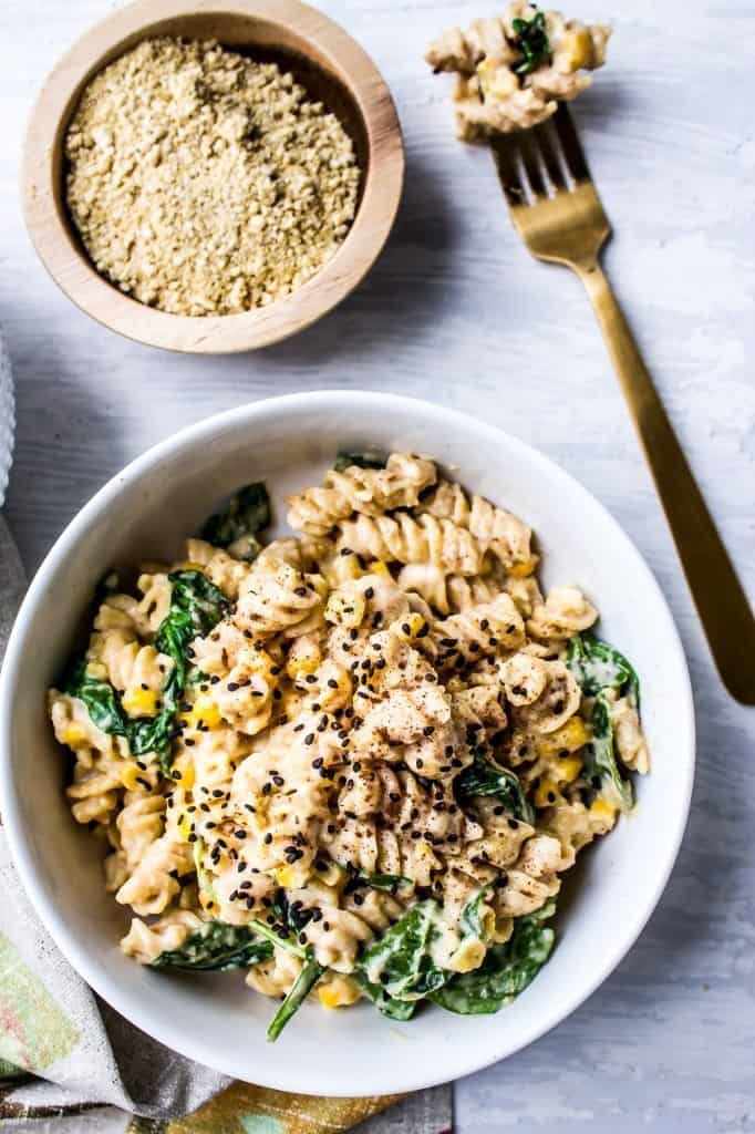 pumpkin alfredo with spinach and corn