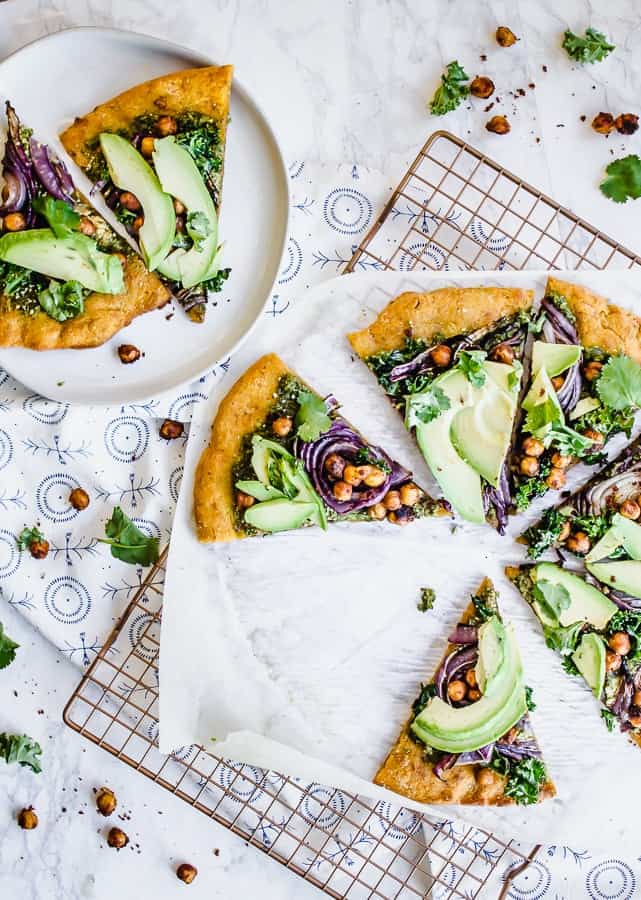 kale, crispy chickpea, caramelized red onion pizza with sweet potato crust