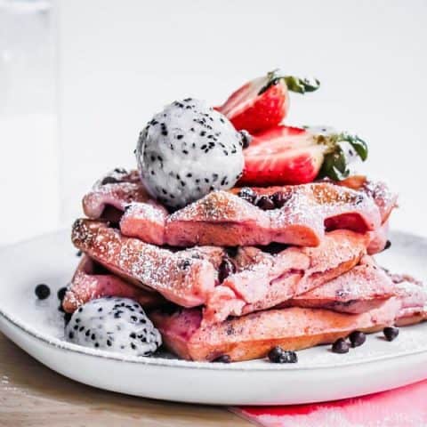 pink dragonfruit chocolate chip waffles