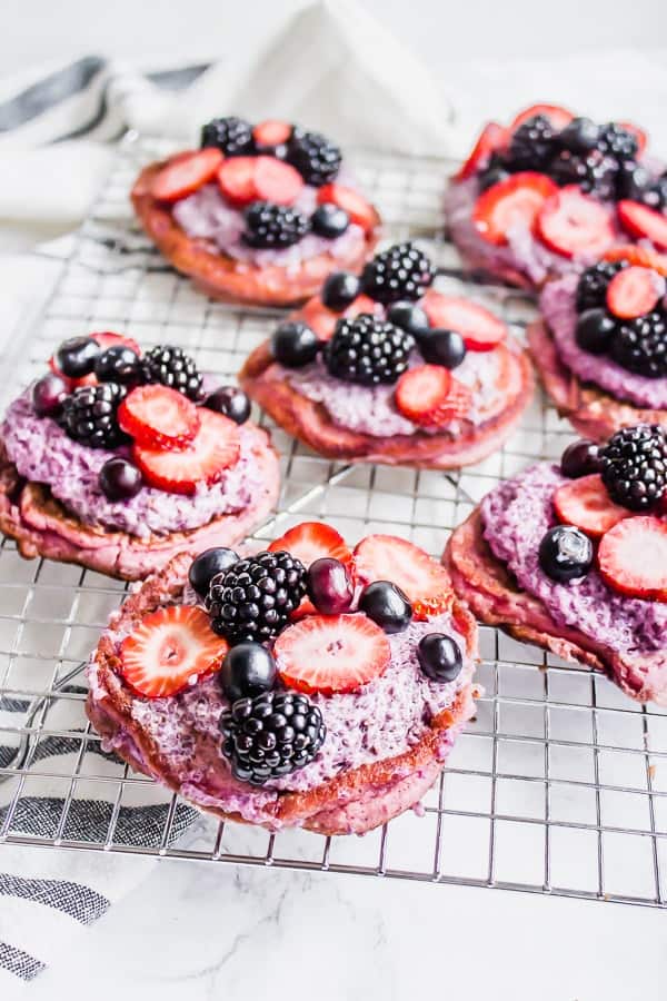 pink pancakes with chia pudding and fresh berries