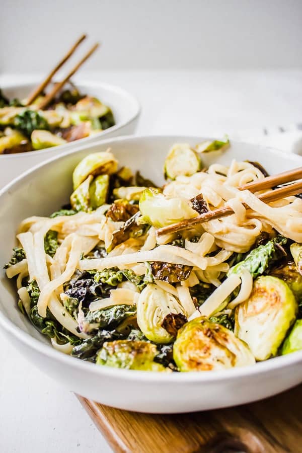 kale and brussels miso mustard noodle bowls