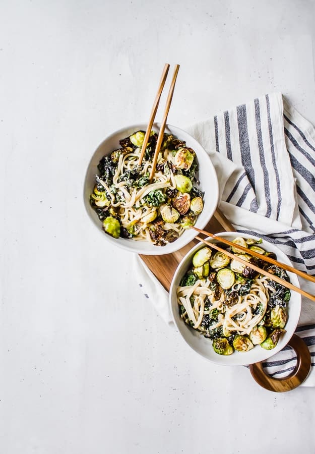 kale and brussels miso mustard noodle bowls