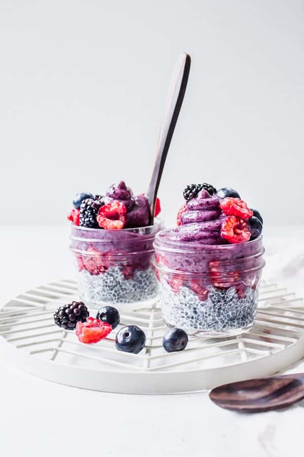 mini chia pudding and blueberry nice cream parfait