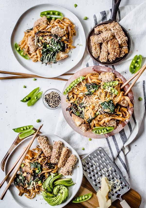 Curried Shiitake + Kale Noodle Bowls with Panko Crusted Tofu