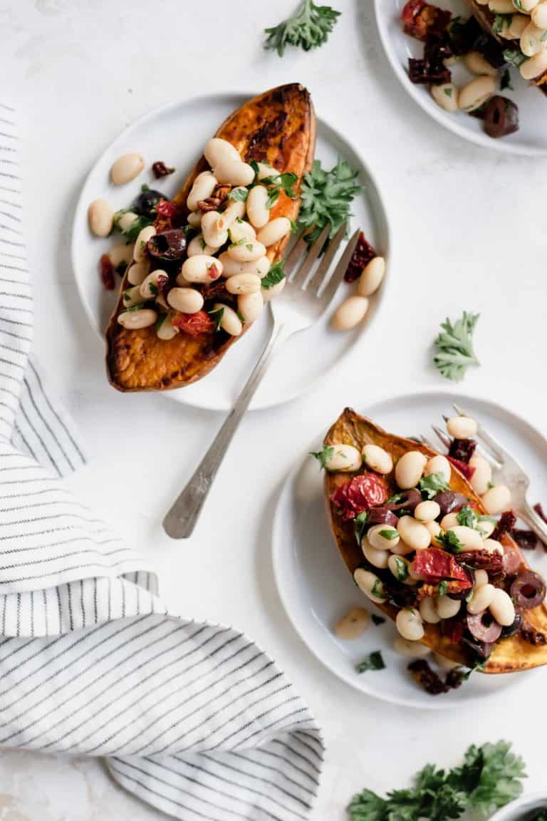 Mediterranean White Bean Stuffed Sweet Potatoes