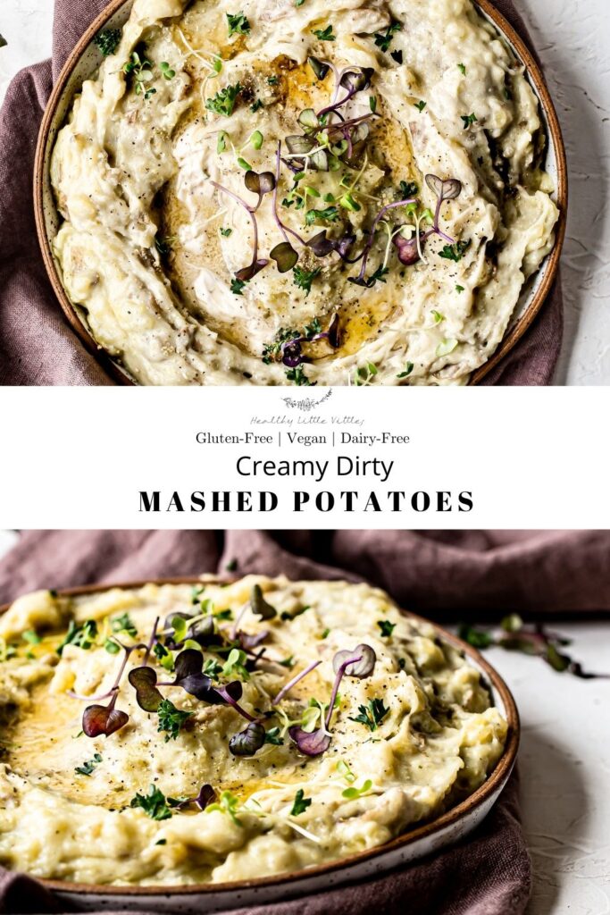 pinterest image of mashed potatoes with the title of the recipe in the middle of 2 images