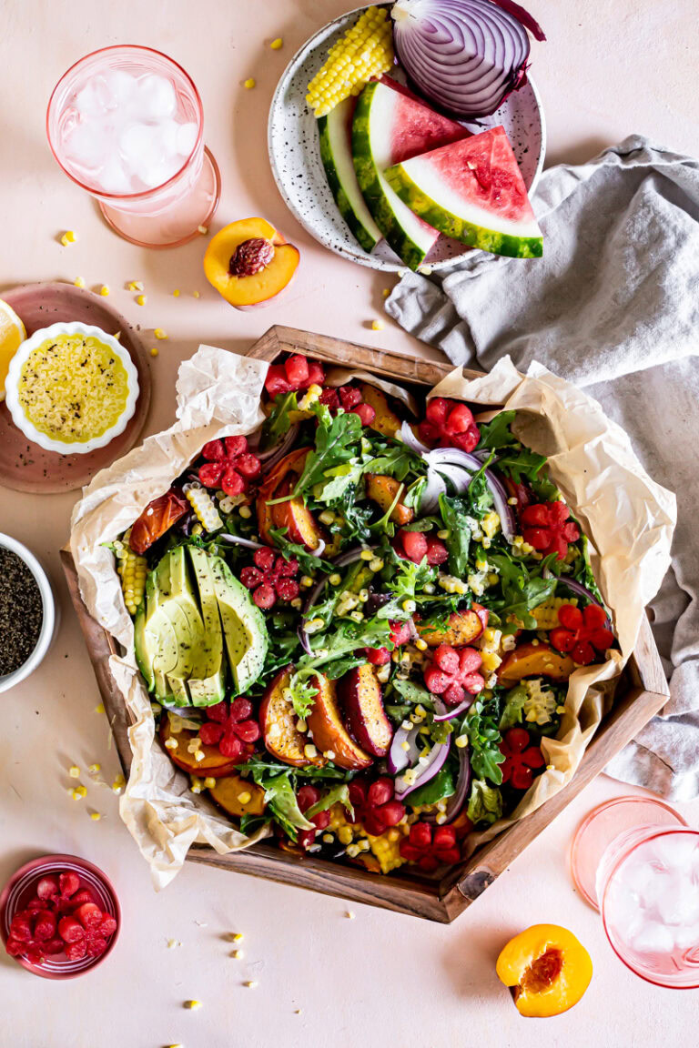 Watermelon Roasted Peach and Cobbed Corn Arugula Salad