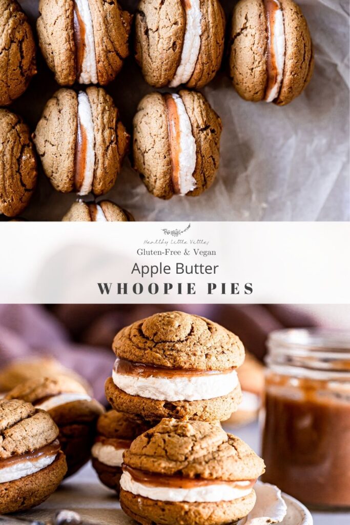 a Pinterest graphic with a photo of the whoopie pies all lined in a row in the top image and a close up of stacked whoopie pies in the bottom image with a jar of apple butter blurred in the background