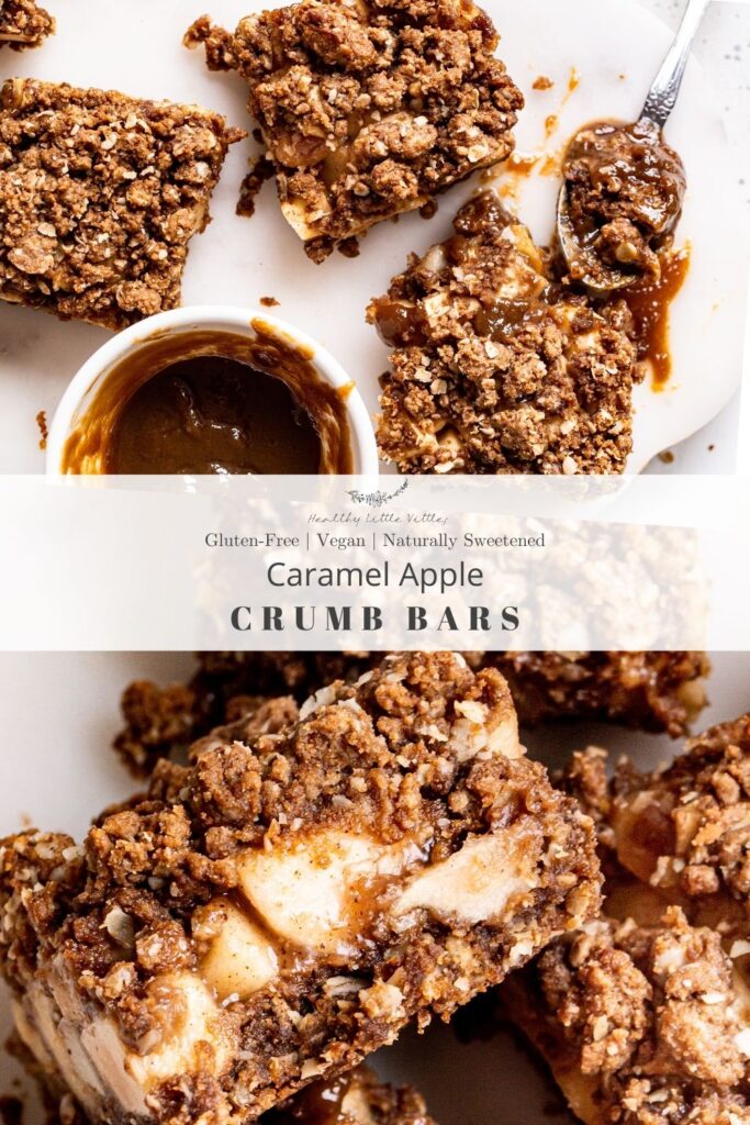 Pinterest image with two images of caramel apple crumb bars, the top one with a bowl of caramel and the bottom image is a close up of the bars