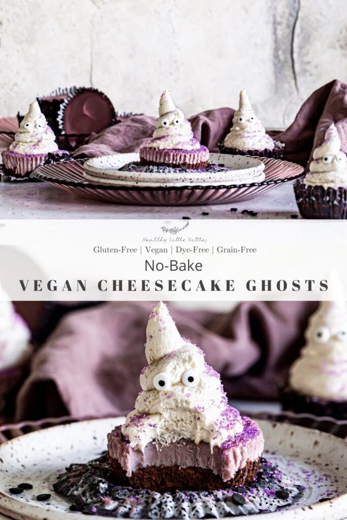 Pinterest graphic with two photos of the cheesecake ghosts, a close up on the bottom with the title of the recipe in the middle