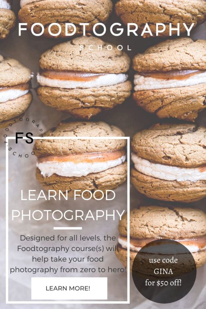 an image of whoopie pies with the text overlay promoting Foodtography School and a code to use GINA for $50 off 
