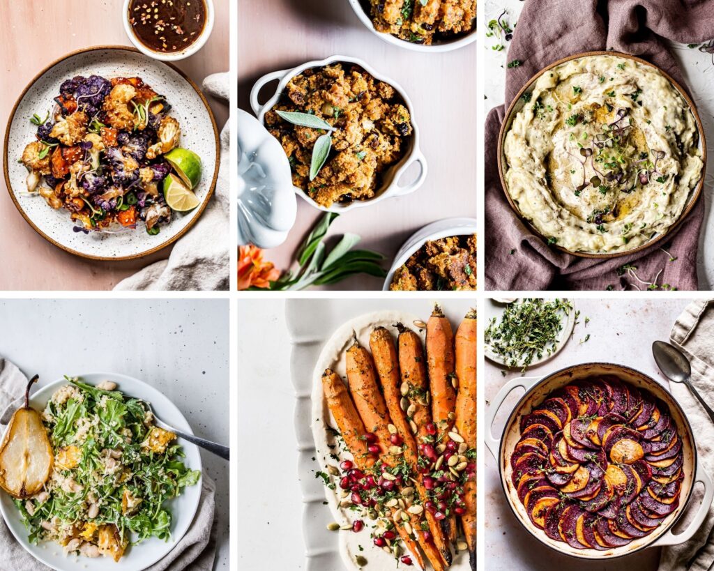 collage of thanksgiving side dishes like maple sriracha cauliflower, cornbread stuffing, mashed potatoes, roasted squash and pear arugula salad, roasted carrots, and browned butter bourbon skillet sweet potatoes