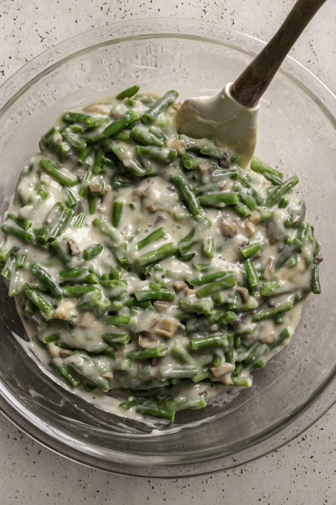 the green beans mixed with the creamy mushroom roux