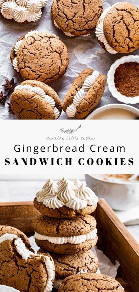 pinterest image of two photos of gingerbread cream sandwich cookies with the title of the recipe in the middle