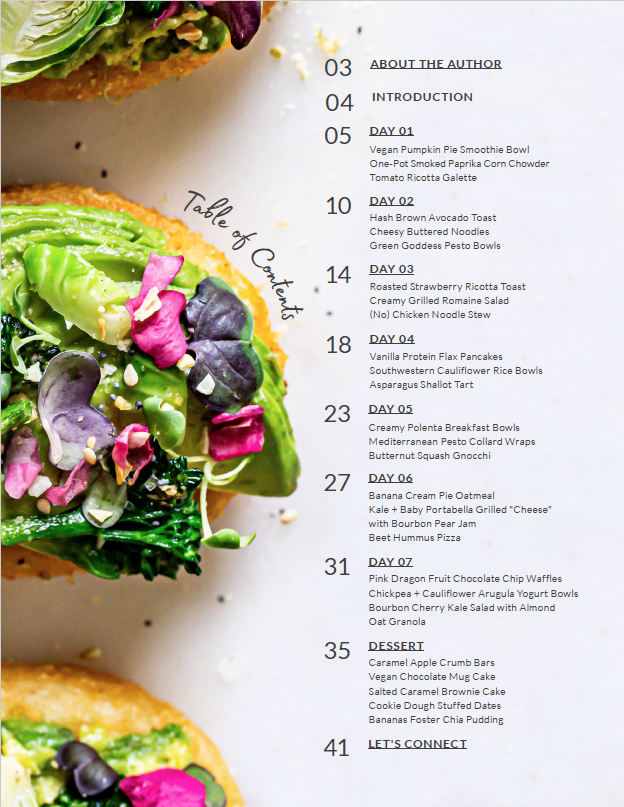 7 day vegan challenge ebook table of contents