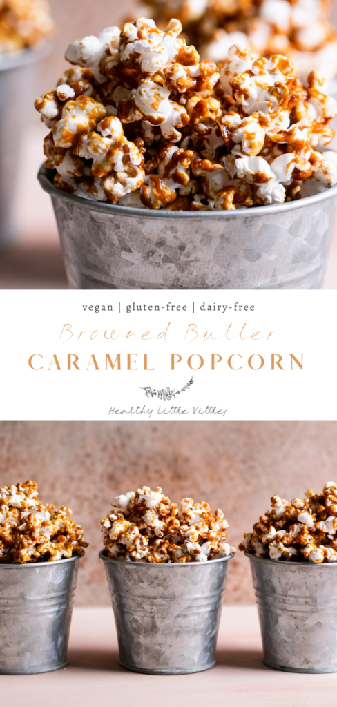 pinterest graphic of two images of caramel popcorn with the title in the middle