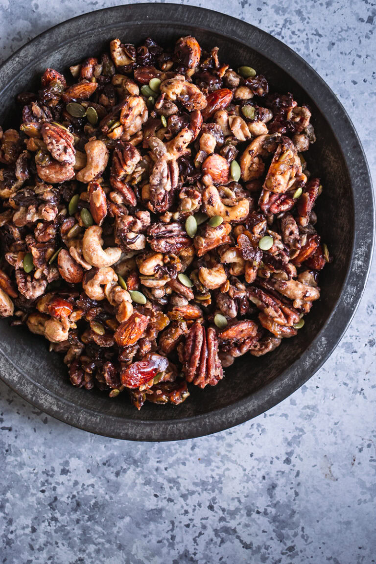 overhead shot of trail mix in a pie tin