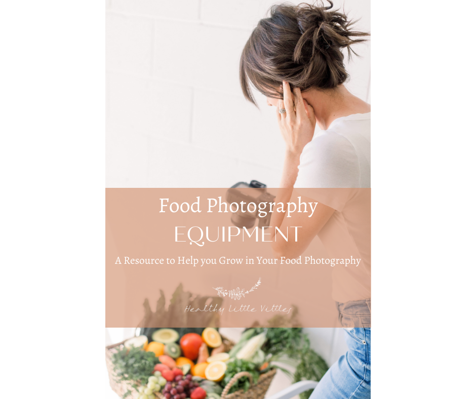 a photo of me taking photos of a veggie basket with text overlay that says food photography equipment to share on Pinterest