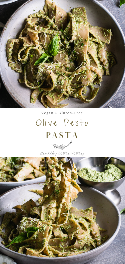 Pinterest graphic of two images of olive pesto pasta with the title of the recipe in the middle