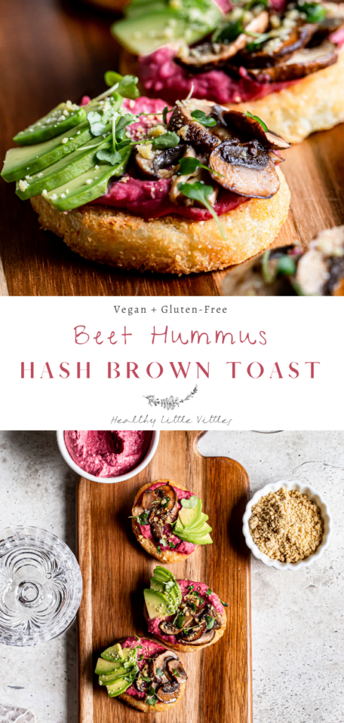 two photos of beet hummus hash brown toast with the recipe title in the middle to share on Pinterest