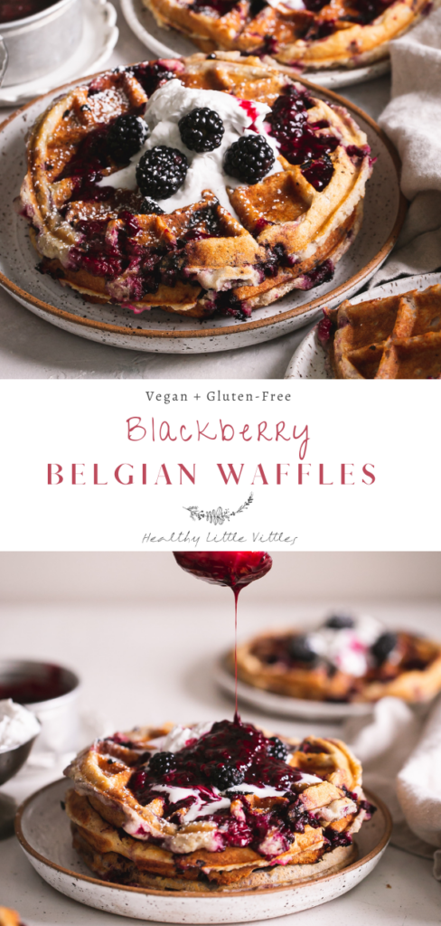 two photos of blackberry Belgian waffles with the recipe title in the middle to share on Pinterest
