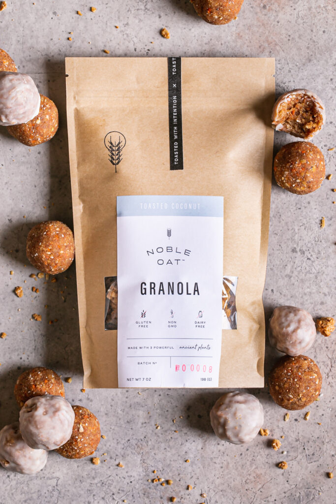 a bag of noble oat toasted coconut granola with no-bake carrot cake granola bites