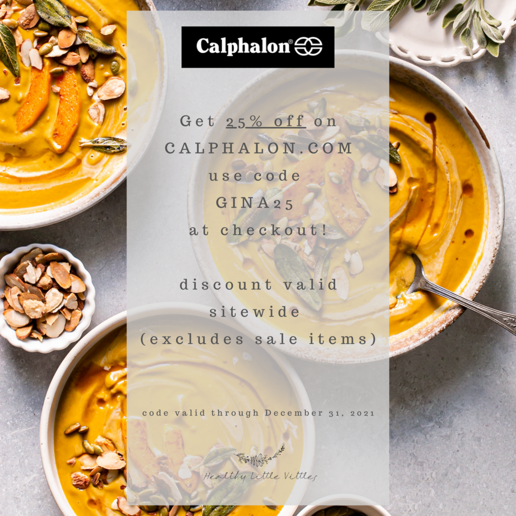 soup image with text overlay for 25% off at Calphalon.com using code GINA25