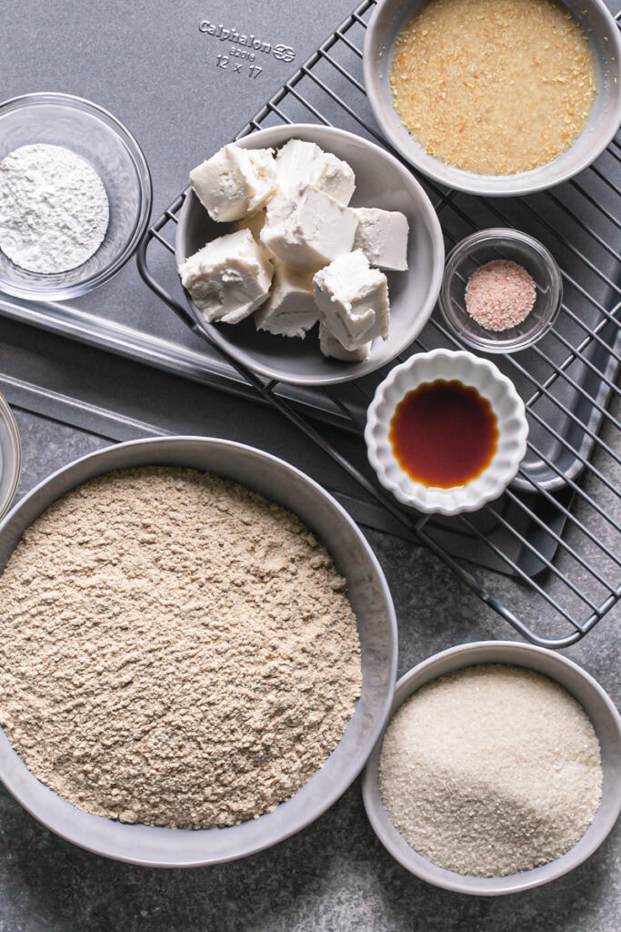 all of the ingredients needed to make these grain-free marbled snowflake sugar cookies