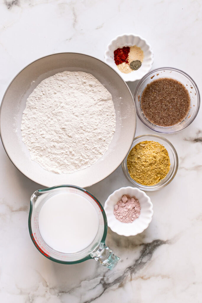 the ingredients to make the vegan gluten-free savory pancake batter