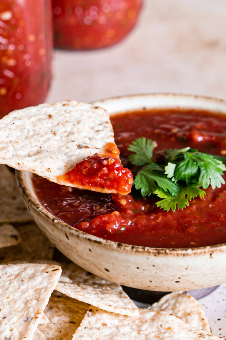 a bowl of restaurant style salsa garnished with fresh cilantro, tortilla chips beside it and one chip dipping into the salsa
