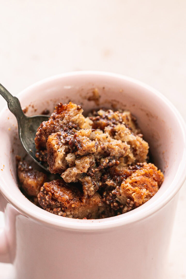 close up of French Toast in a Mug being scooped out with a spoon