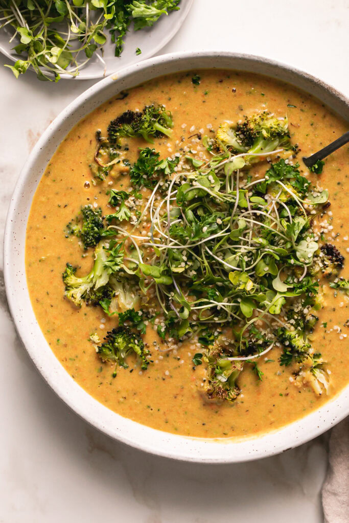 close up shot of Roasted Broccoli Potato Cheese Soup