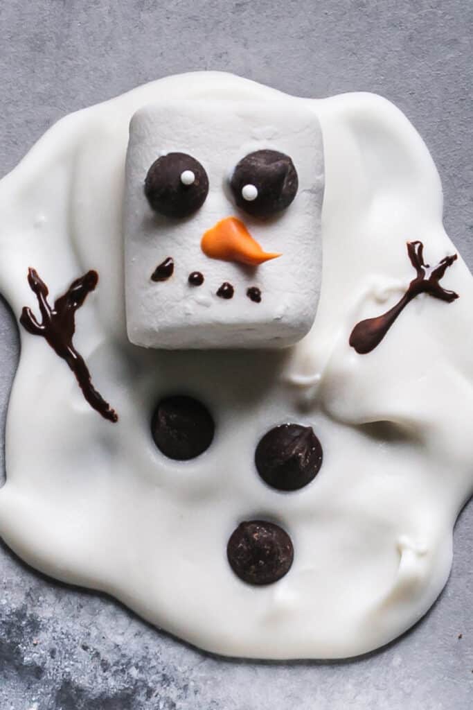 close up of a white chocolate melted snowman 
