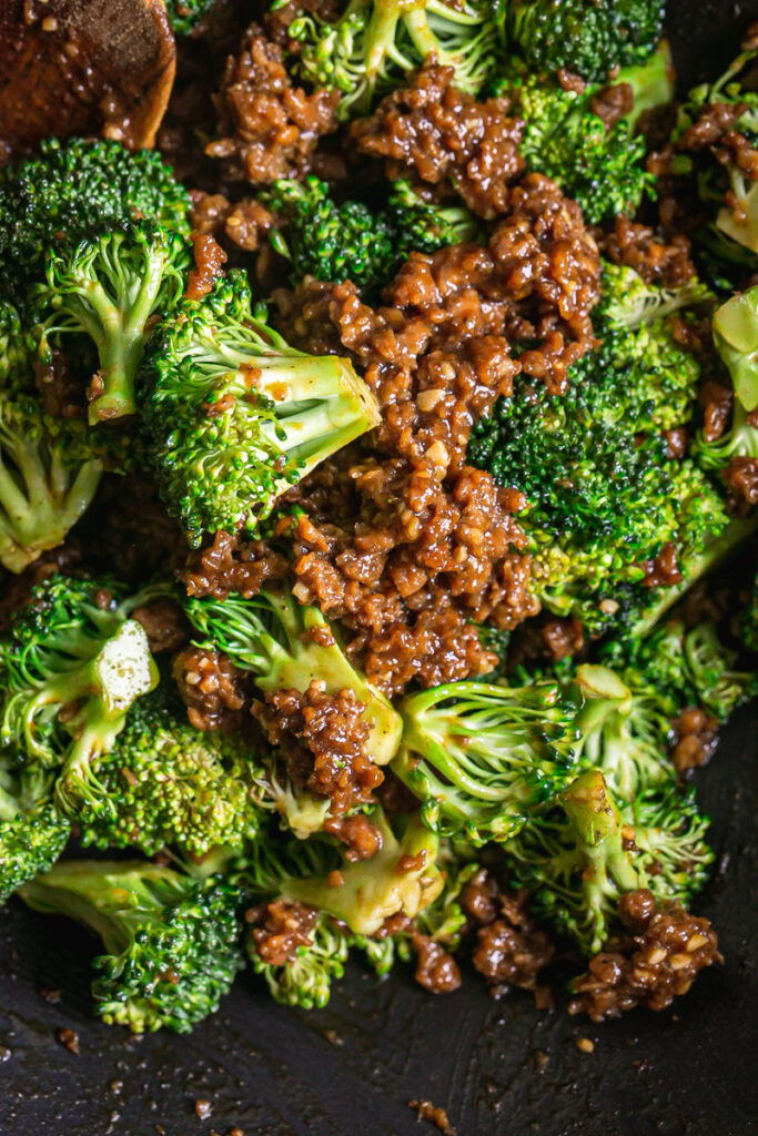 Abbot's plant-based ground beef and broccoli in a wok