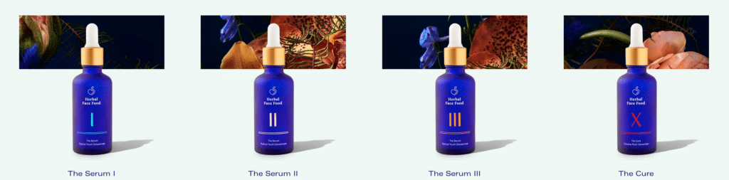 a banner photo of all the bottles of herbal face food serums lined up next to each other