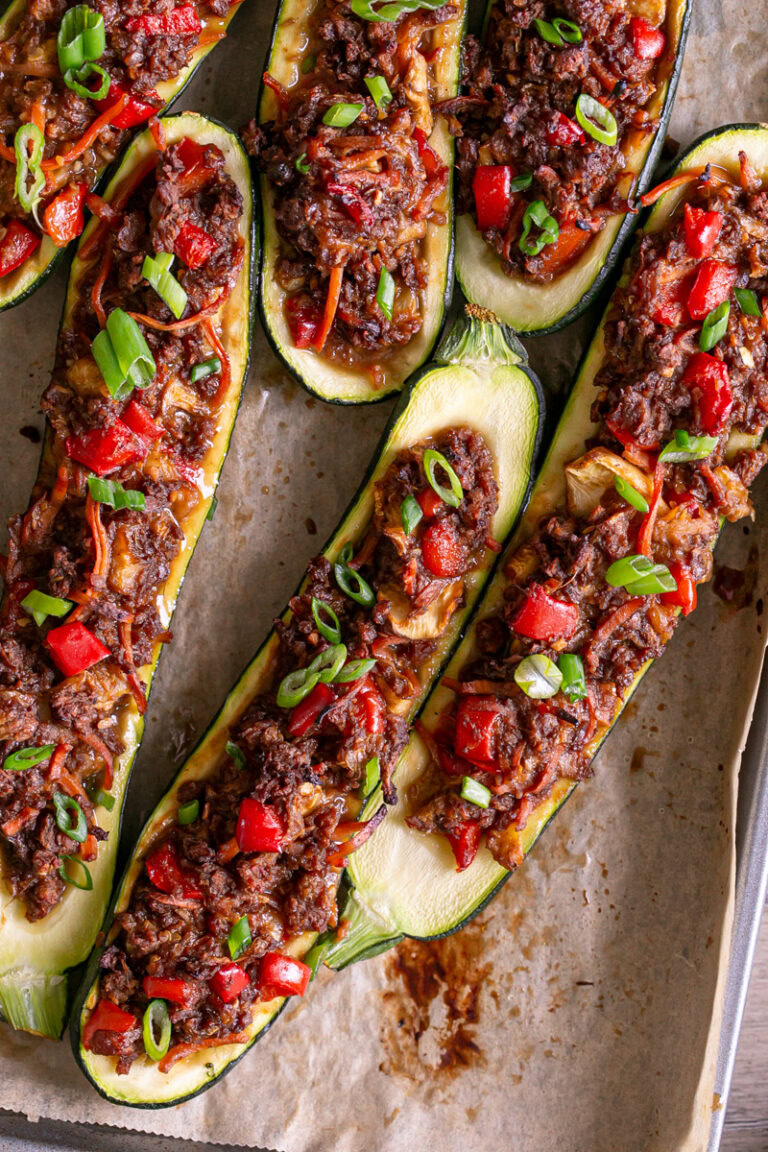 Vegan Mongolian Beef Zucchini Boats