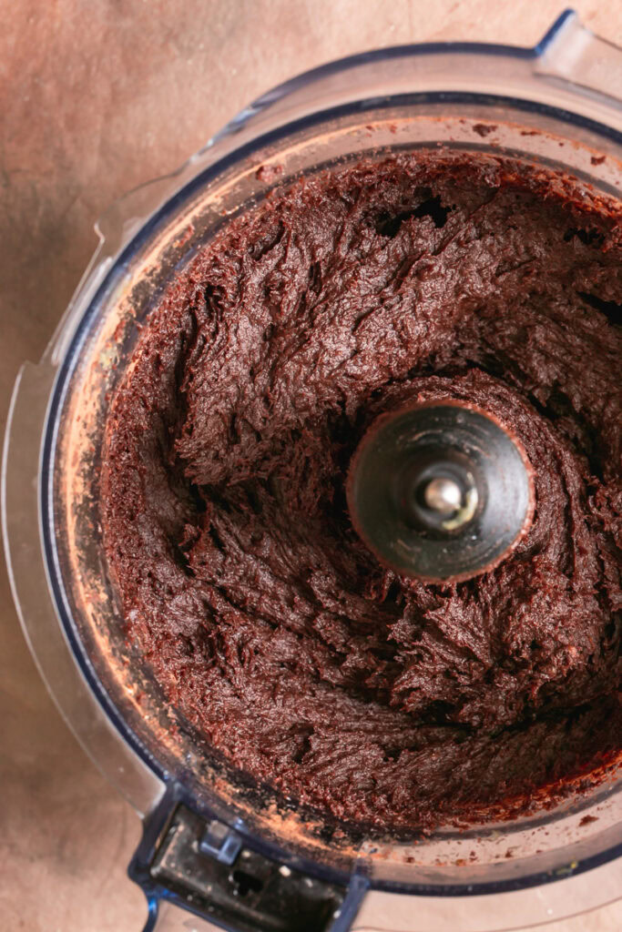 flourless date brownie batter blended up in a food processor