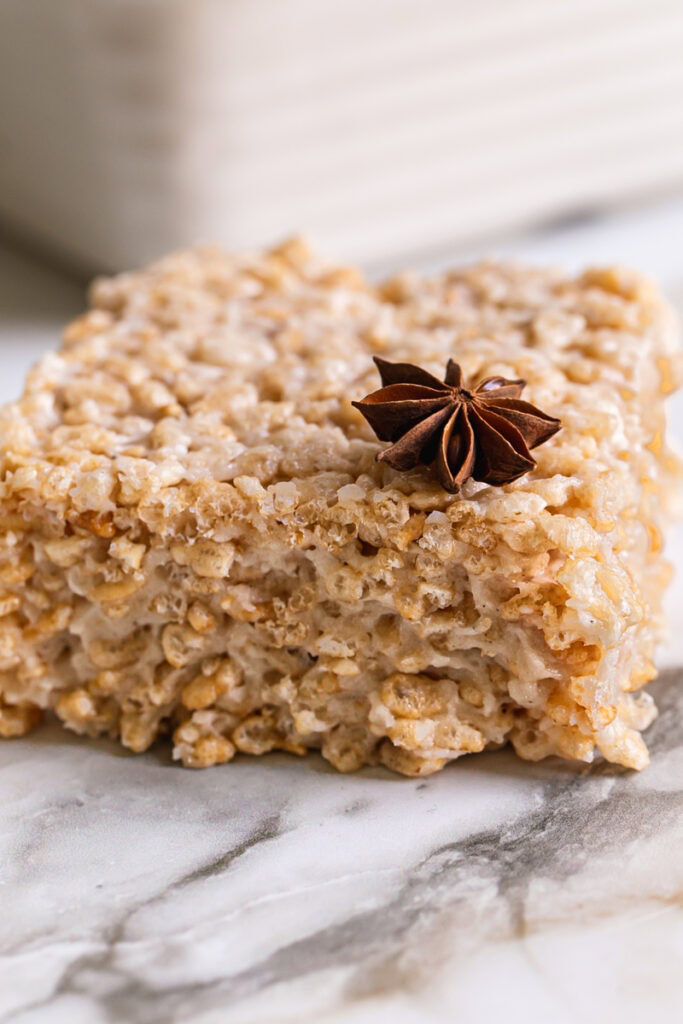 close up of one chai Rice Krispie treat with a star anise on top of it