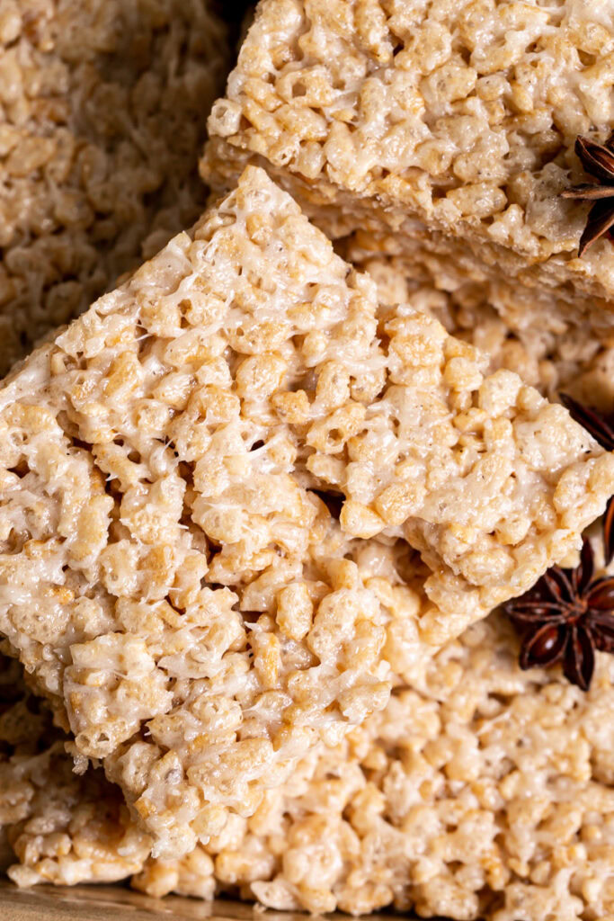 a close up of a slightly pulled apart chai Rice Krispie treat