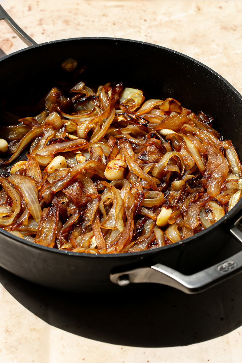 a skillet of caramelized onions and garlic