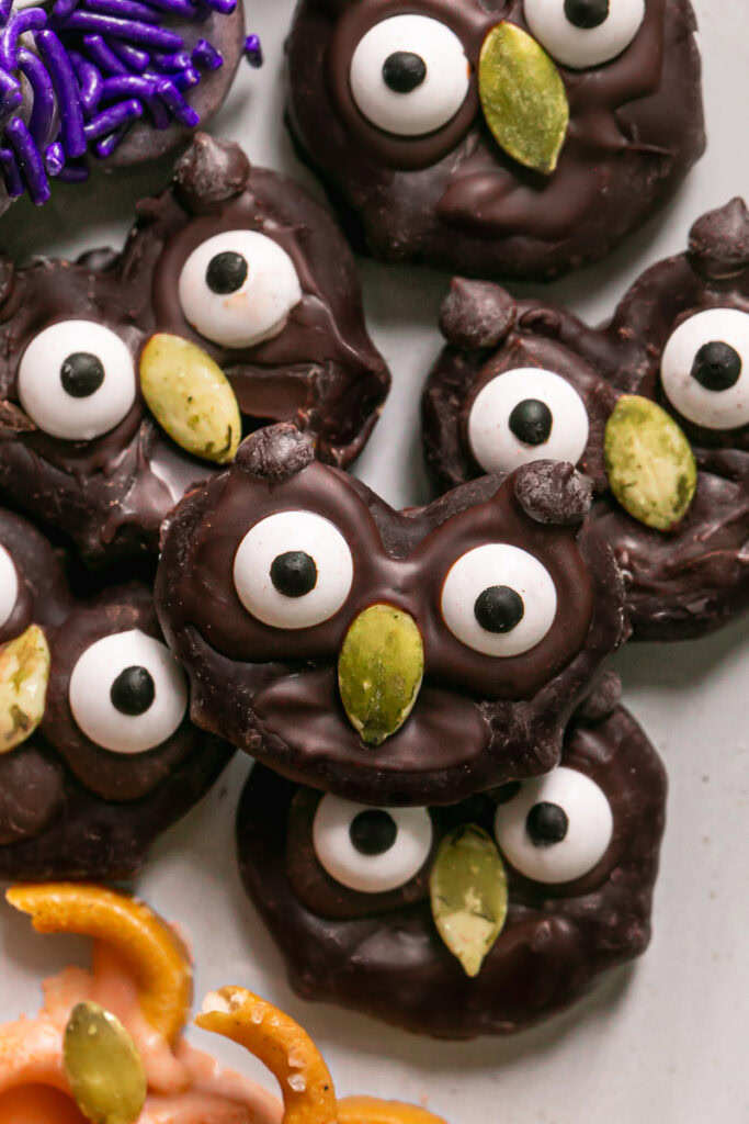 chocolate covered pretzel owls