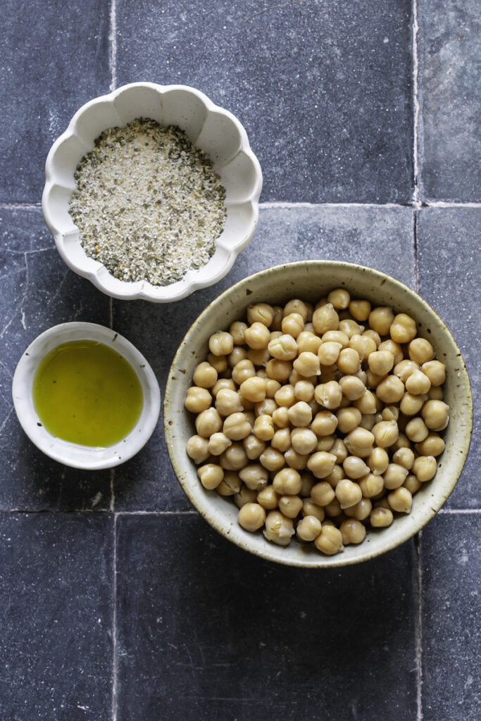 garbanzo beans, gluten-free breadcrumbs, and olive oil all in separate bowls.