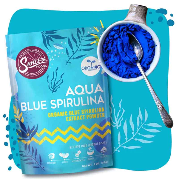 A bag of Suncore Foods Aqua Blue Spirulina powder.