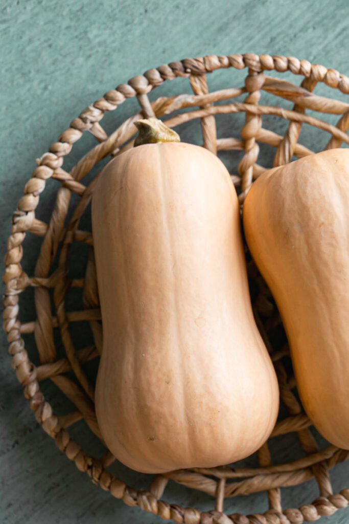 overhead shot of butternut squash laying on its side.