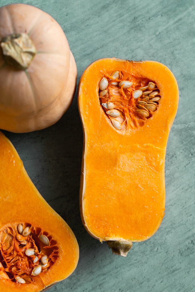 overhead shot of butternut squash sliced in half.