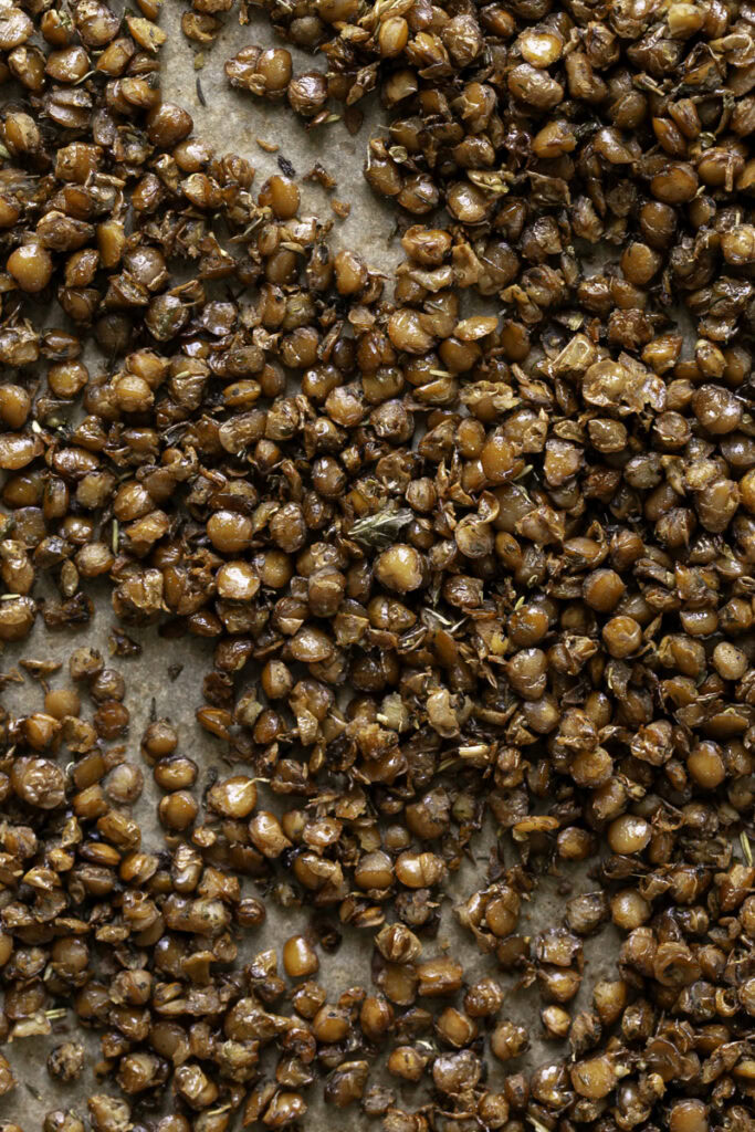 roasted lentils on a parchment-lined baking sheet.