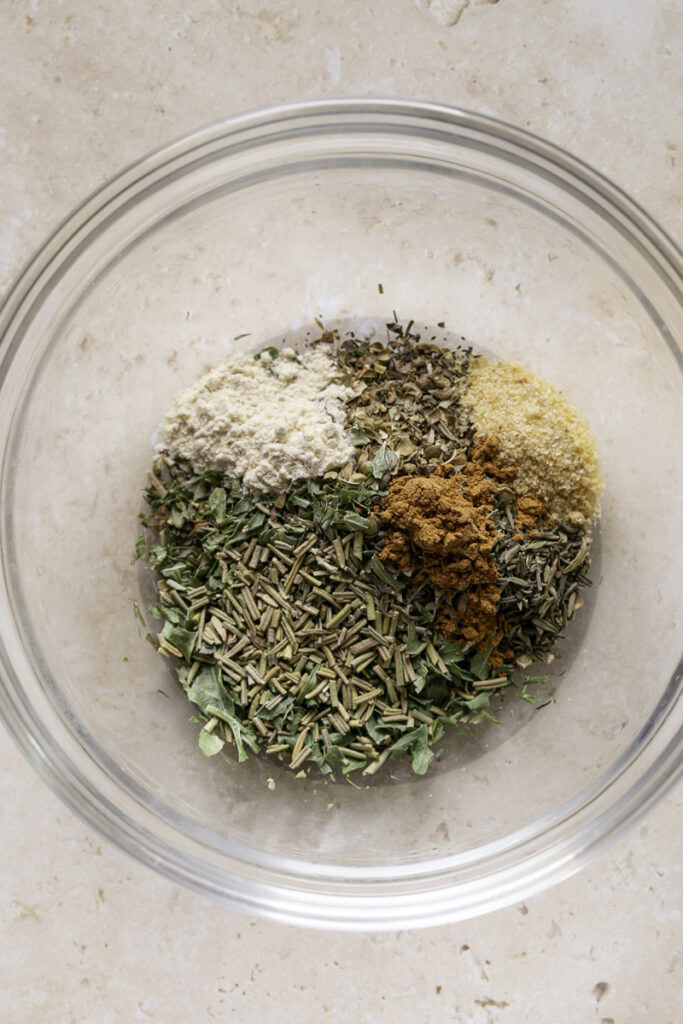 greek spices in a glass bowl.