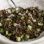 close up 3/4 shot of a bowl of roasted lentil greek salad in a large bowl with a spoon in it.