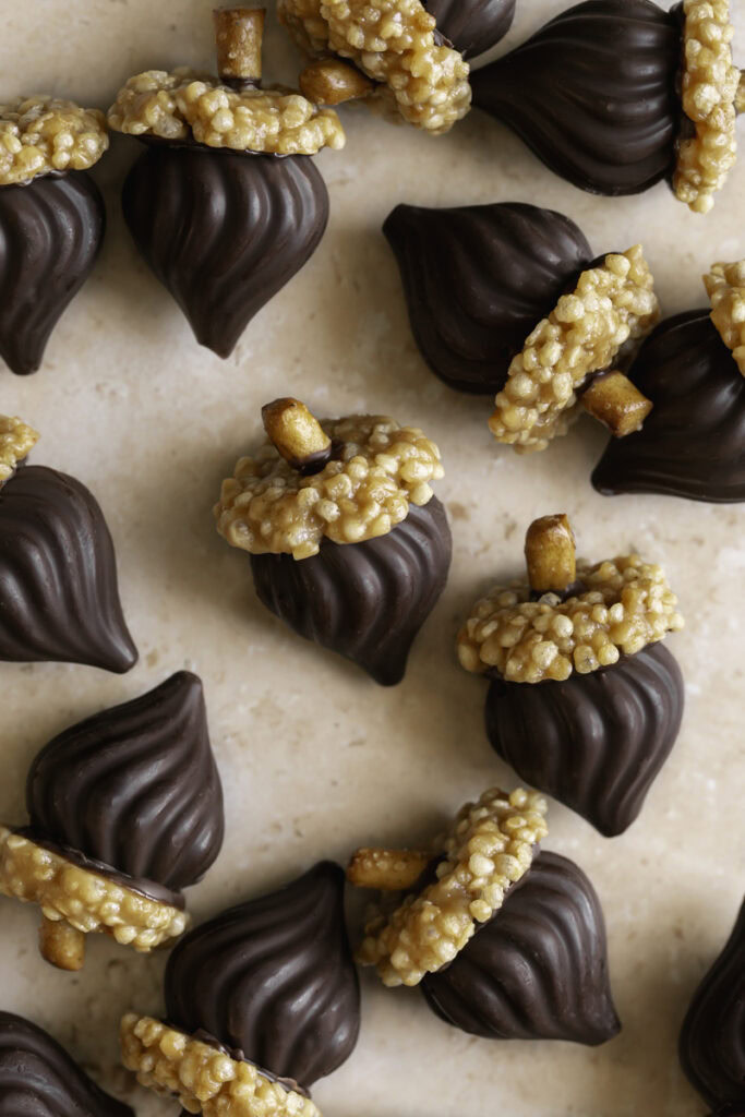 overhead shot of chocolate acorns.